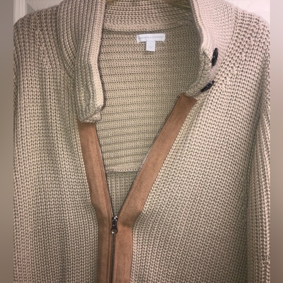New York & Company tan sweater with faux suede trim & pockets in camel; - Picture 2 of 6